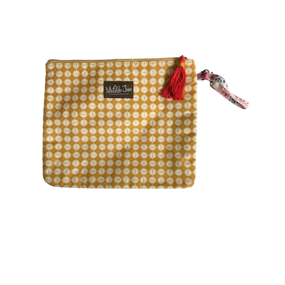 Matilda Jane Clutch Wristlet Mustard Yellow Geometric Print Red Tassel Floral